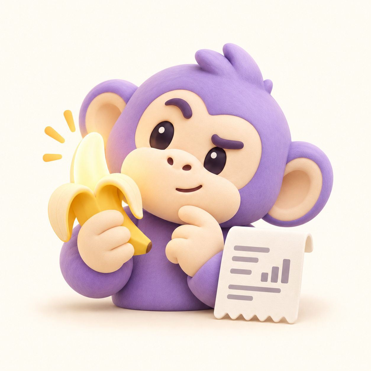 PeelSignal’s lavender ape taking a closer look at a banana, with a receipt by its side